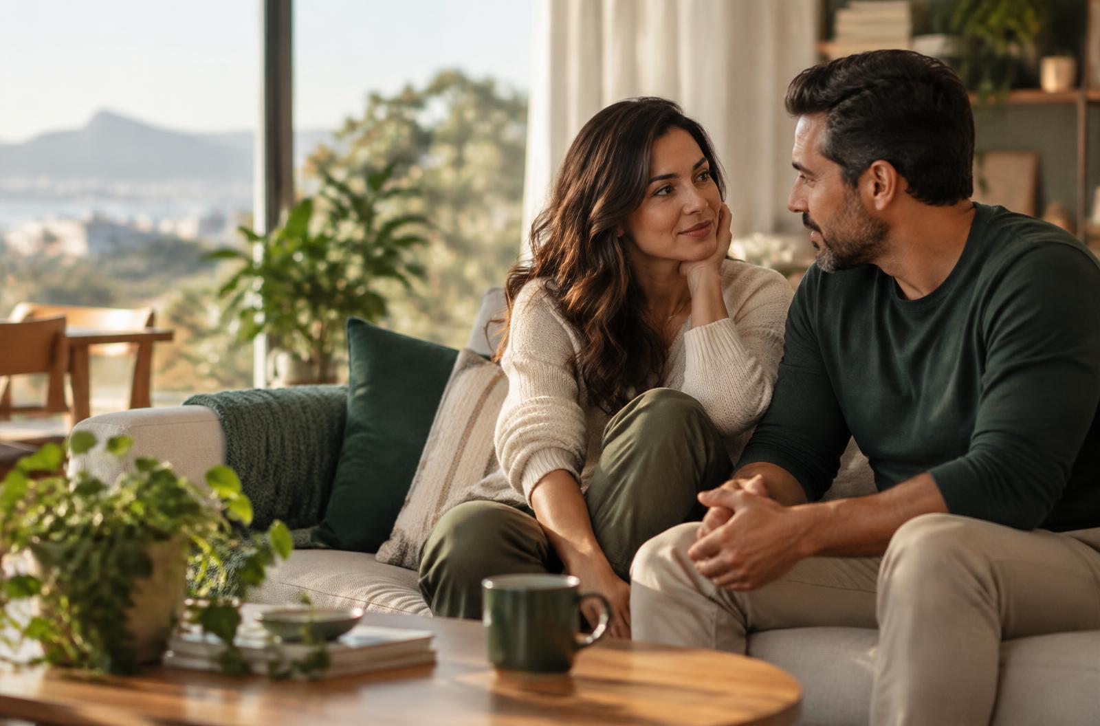 Casal conversando com atenção em casa